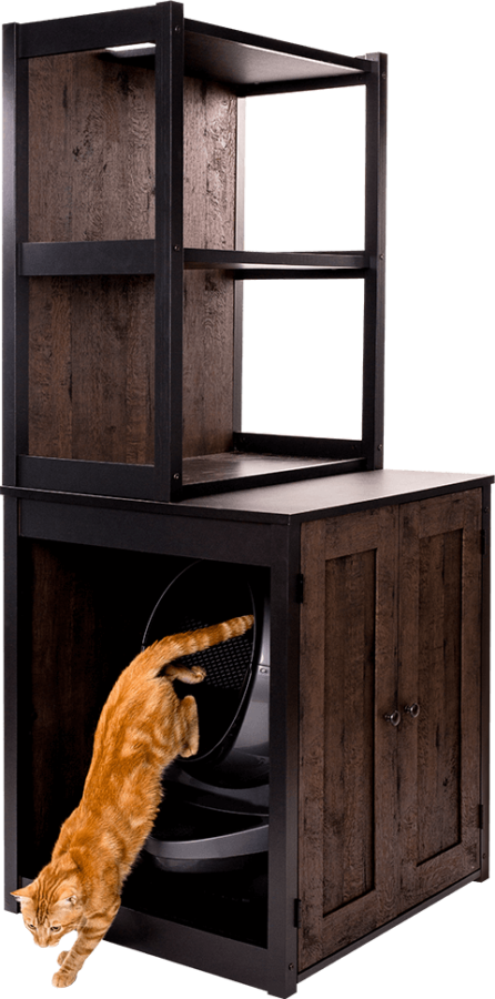 Litter box furniture storage cabinet with orange tabby cat jumping out of grey Litter-Robot