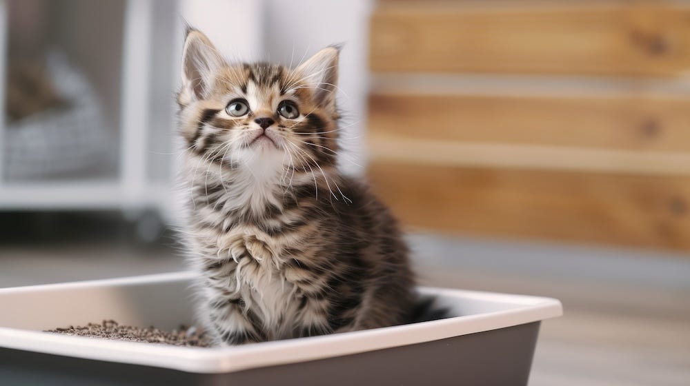 kitten sitting in an appropriately sized litter box