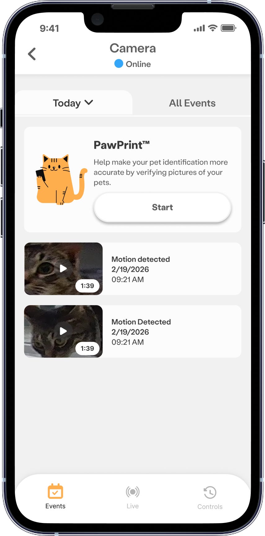 Whisker app screen of Events page with PawPrint card at the top of the list