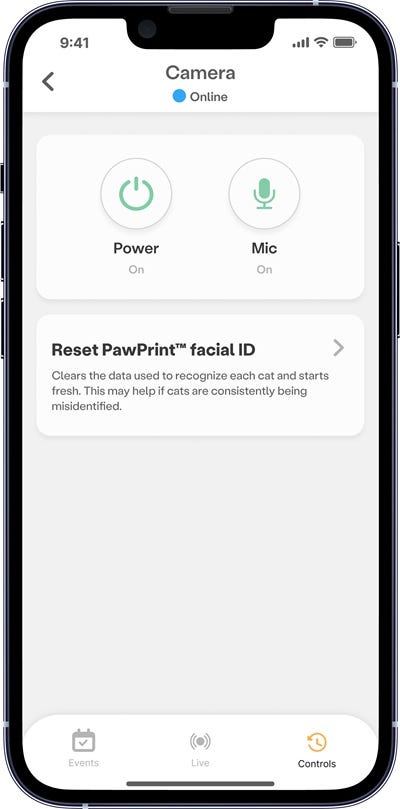 Whisker app Camera controls screen showing the Reset PawPrint facial ID option