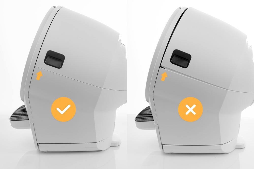 Litter-Robot from side with arrows pointing towards bonnet gap to show incorrect installation and with no gap to show correct installation