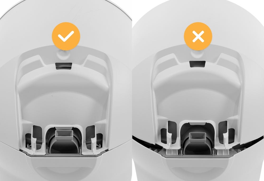 Litter-Robot from back highlighting bonnet gap to show incorrect installation and with no gap to show correct installation