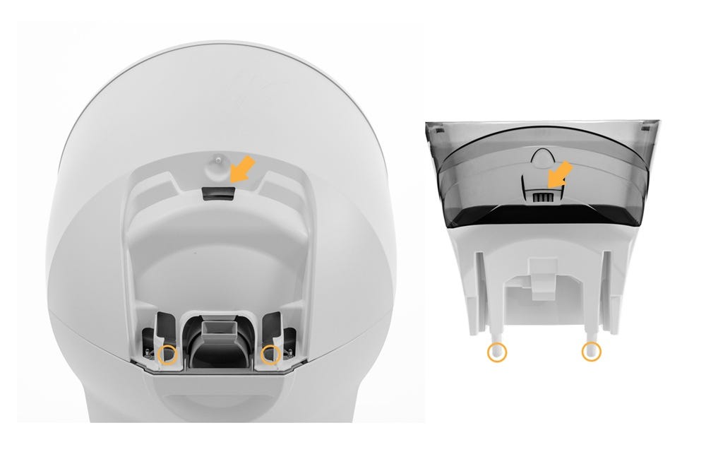 Back view of Litter-Robot 5 with plate attachement removed with arrows and circles highlighting the pockets and slots. Back view of LitterHopper with arrows and circles highlighting mounting tab and posts